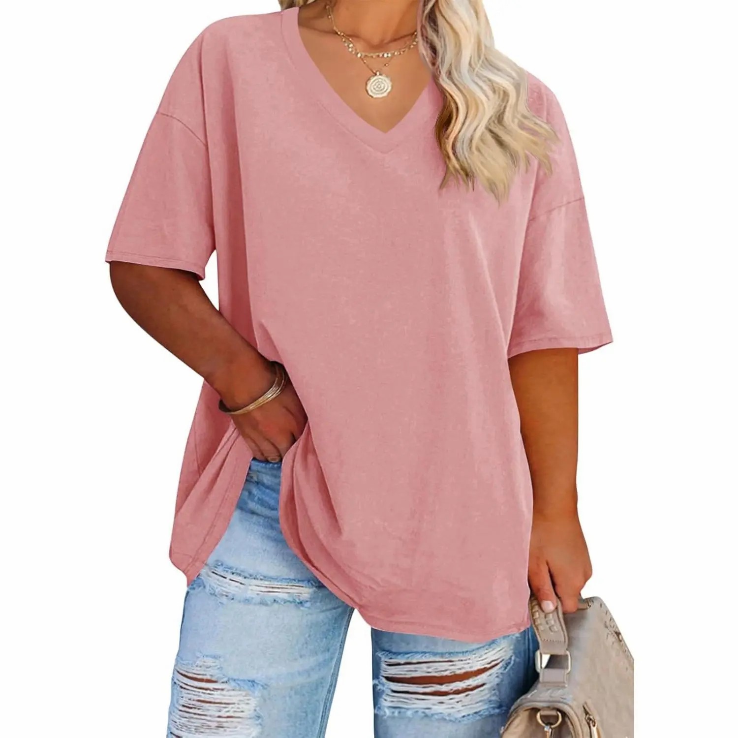 Women's Plus Size V Neck T Shirts Summer Half Sleeve Tees Casual Loose Fit Cotton Tunic Tops
