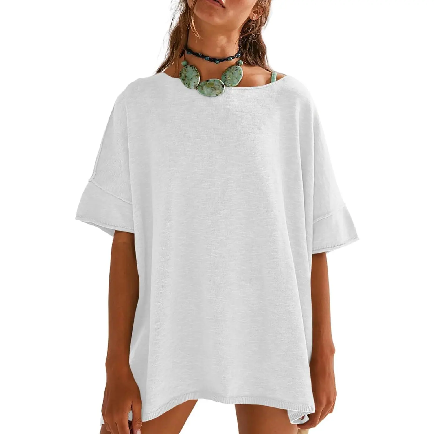 Women's Loose-Fit T-Shirt – Casual Summer Crew Neck Drop-Shoulder Short-Sleeve Top with Side-Slit Hem