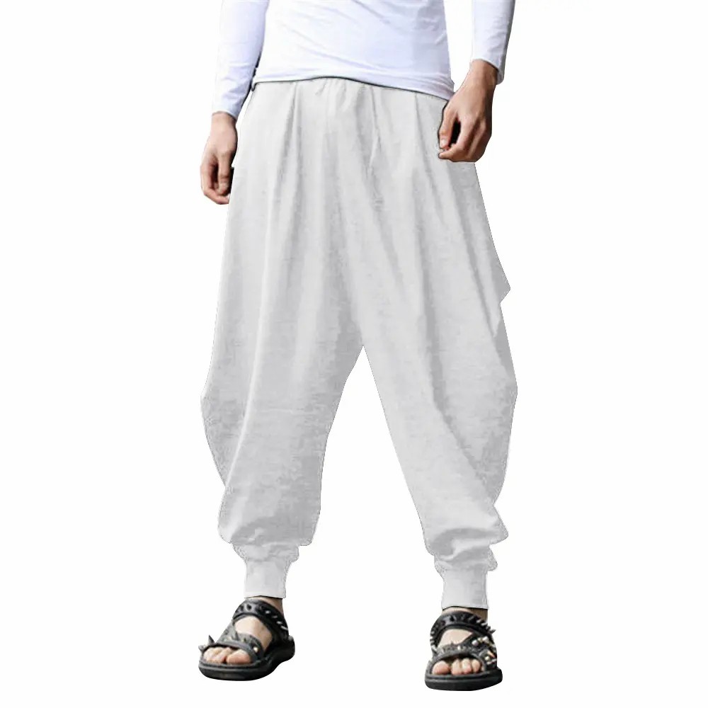 Men's Linen Harem Pants – Baggy Boho Yoga Drop Crotch Trousers with Pockets