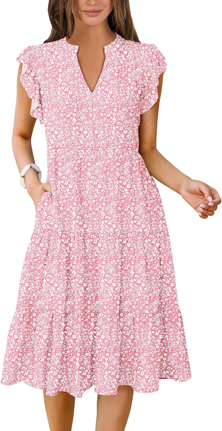Women's Ruffle Sleeve V-Neck Tiered Midi Dress