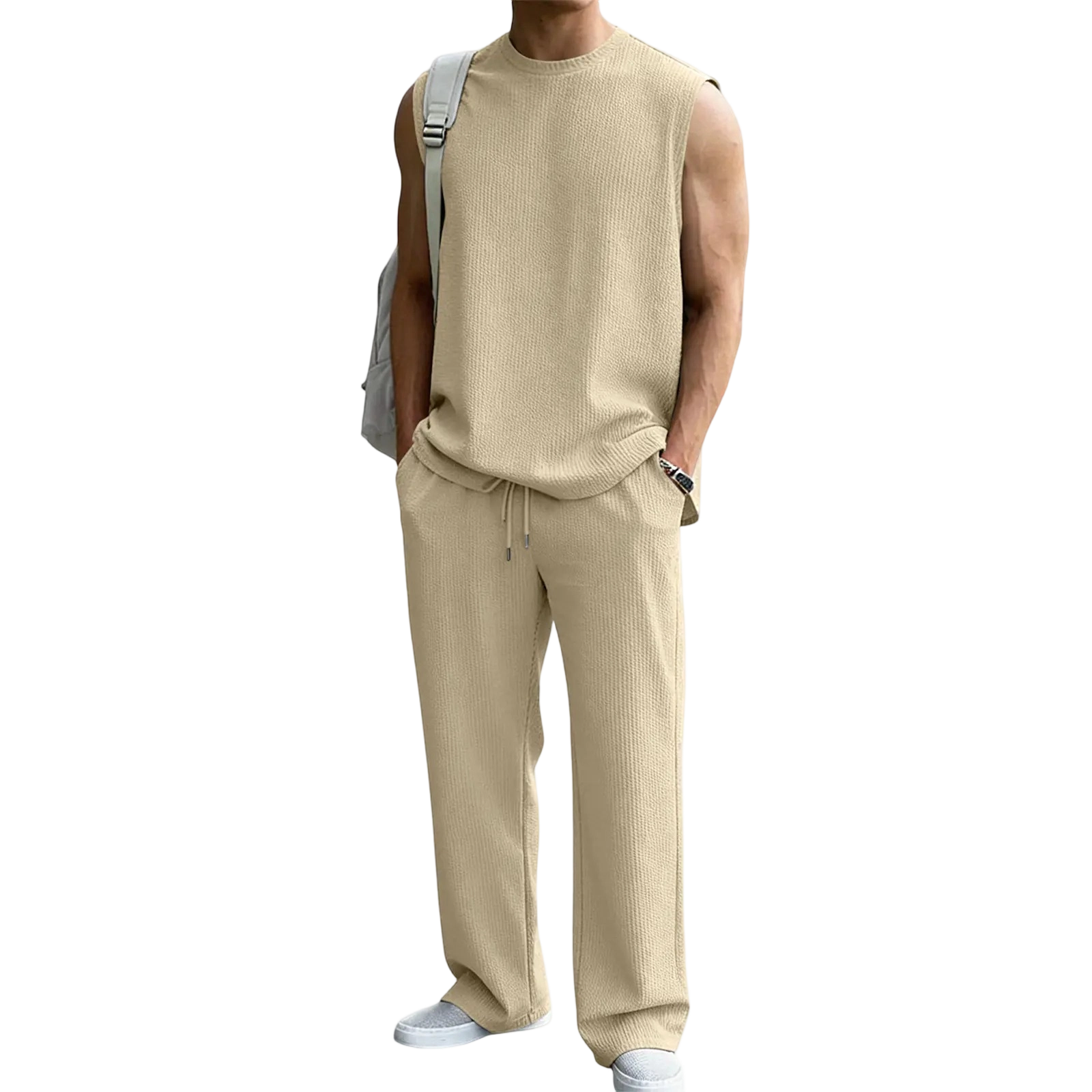Men's 2 Piece Rib Knit Sweatsuit Sleeveless Tank Top & Baggy Wide Leg Pants