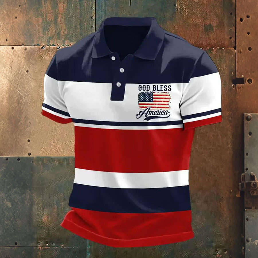 Men'S Casual American Independence Day God Bless The USA Printed Celebration Short Sleeved Polo Shirt