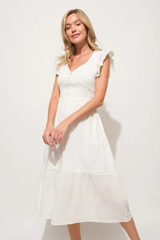Ruffle Sleeve Front Smocked Tiered Midi Dress