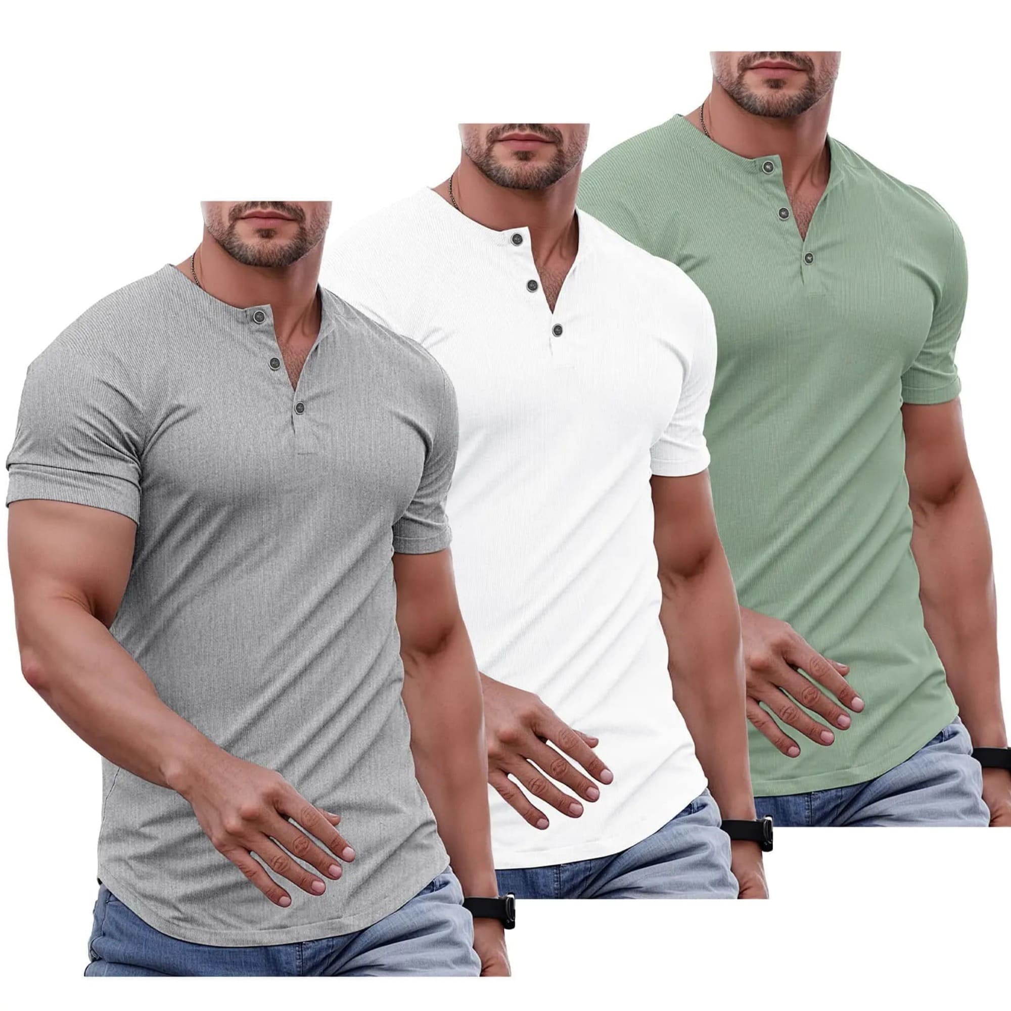 Men's Plain Muscle Slim Fitted Henley Shirts Crewneck Longline T-Shirt Gym Workout Athletic Shirt Tees