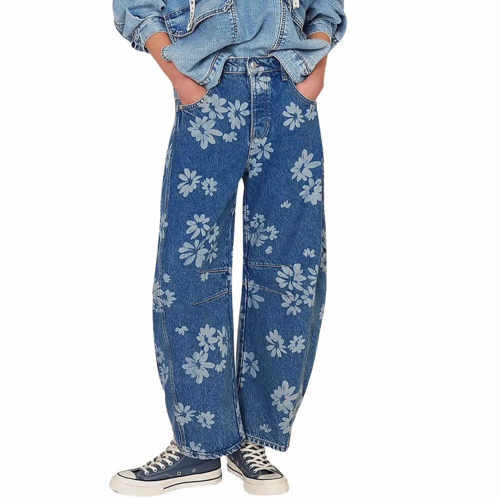 Women's Y2K Floral Printed Wide Leg Jeans – Loose Boyfriend Style Barrel Denim