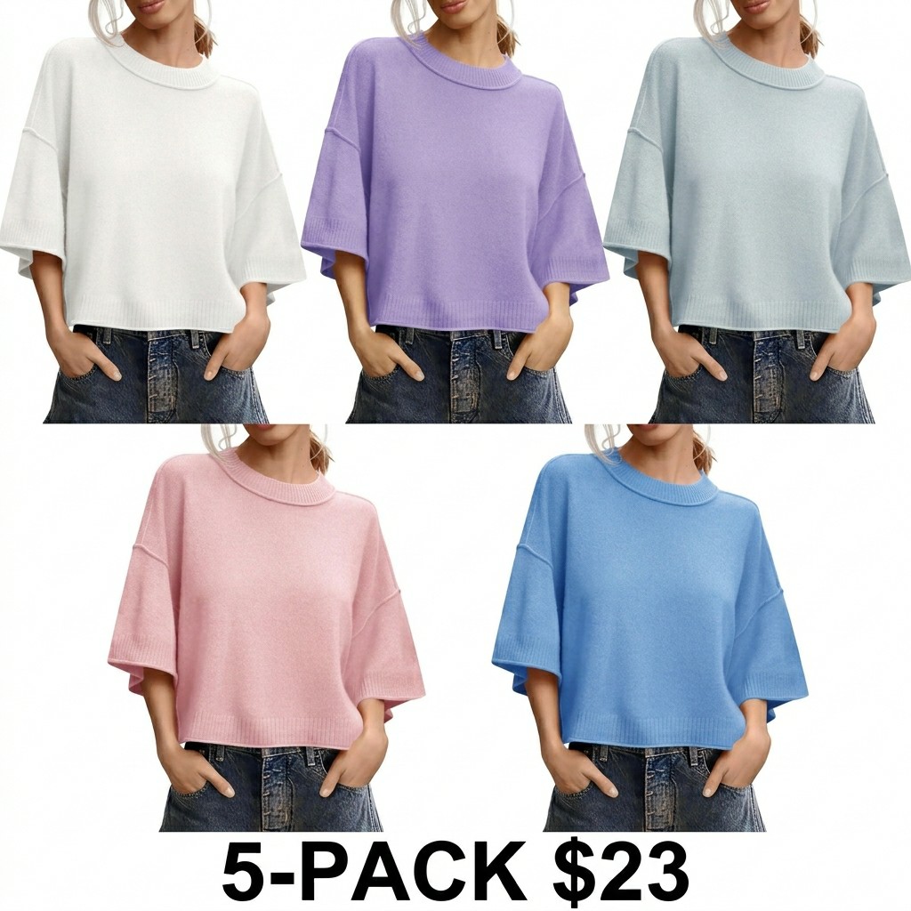 Women's Oversized Cropped Sweater – Short Sleeve Lightweight Knit Summer Top