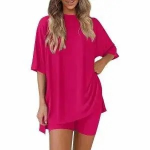 Crewneck Two-Piece Set For Women Summer Casual Oversized Split Hem Shirts & Side Pocket Biker Shorts