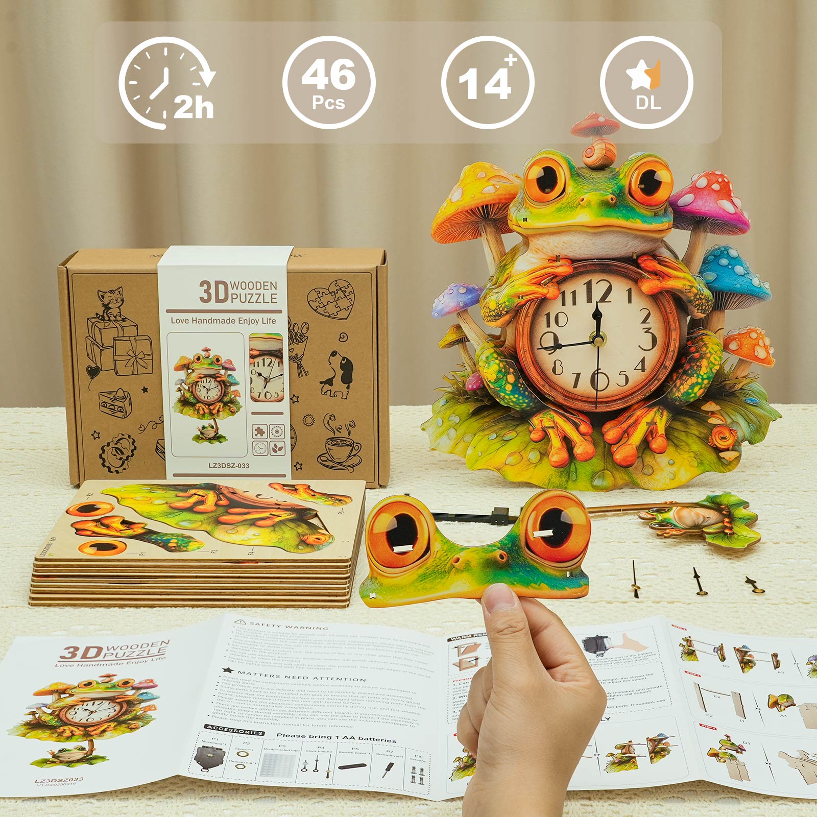 FrogDIY Wooden Clock, 3D Puzzle Craft Kit