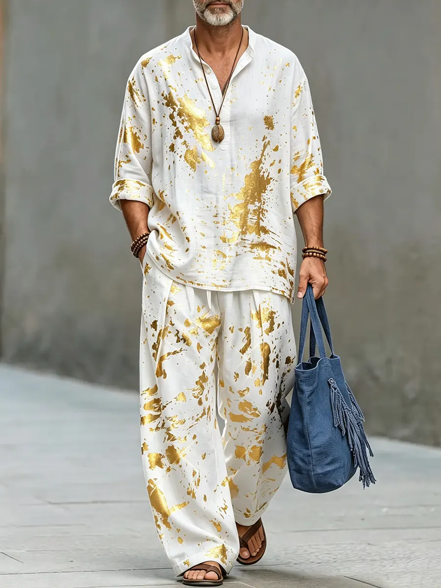 Men's Retro Abstract Print Casual Linen Top And Pants Two-piece Set