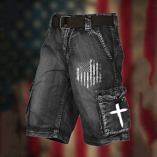 Men's Flag Cross Graphic Print Denim-Like Cargo Shorts