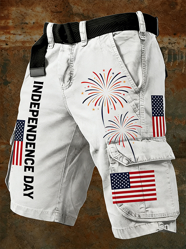 Men's Independence Day Firework USA Flag Print Denim-Like Cargo Shorts