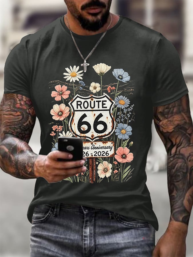 Men's Route 66 Centennial Mother Road Print Round Neck T-shirt