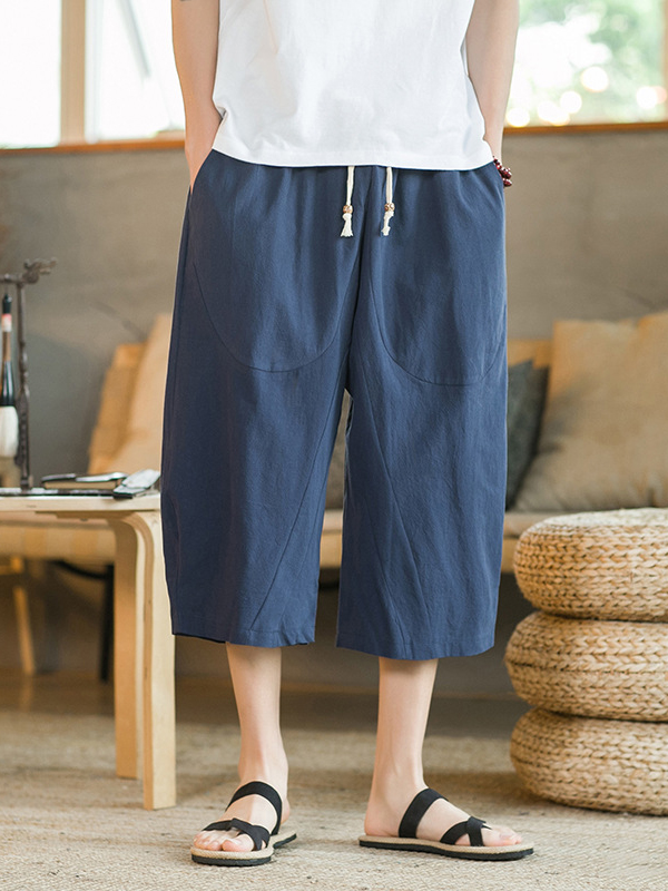 Men's Casual Linen Loose Fit Elastic Waist Wide Leg Harem Capri Pants