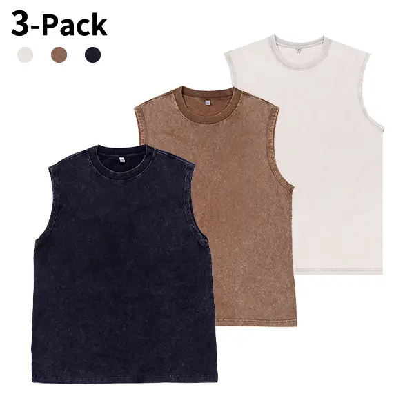 3-Pack Vintage Acid Wash Tank Tops, Heavyweight Cotton Unisex Sleeveless Shirts