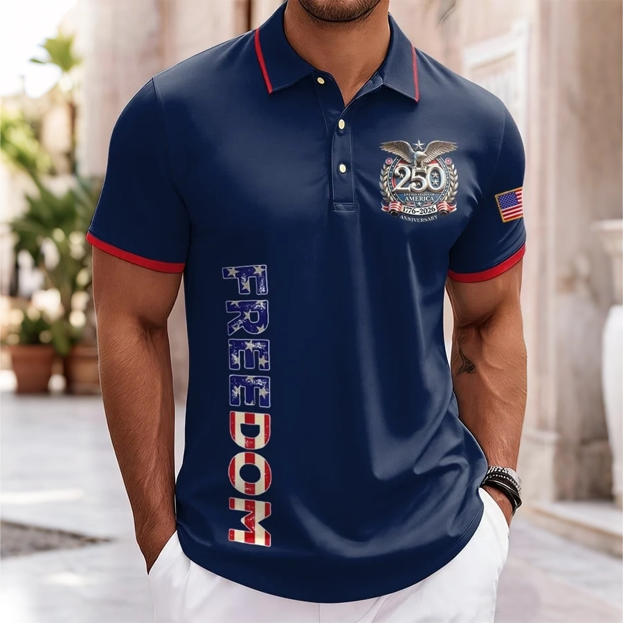 Men'S Casual American Flag Free Personalized Printed Collar T-Shirt