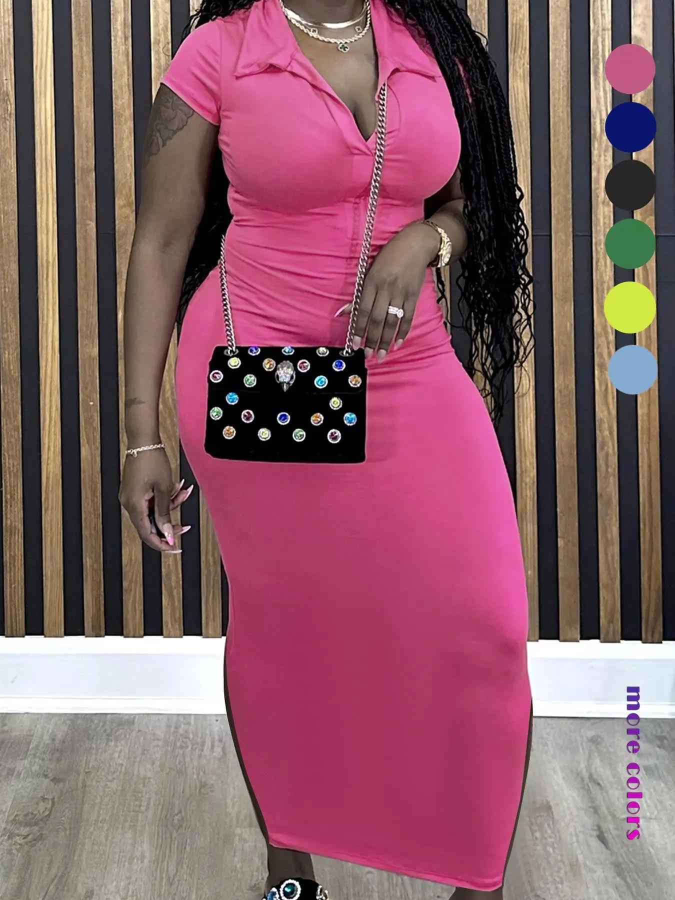 Women's Plain Collar Bodycon Dress, Solid Color Short Sleeve Long Dress, Ladies Clothes for All Seasons