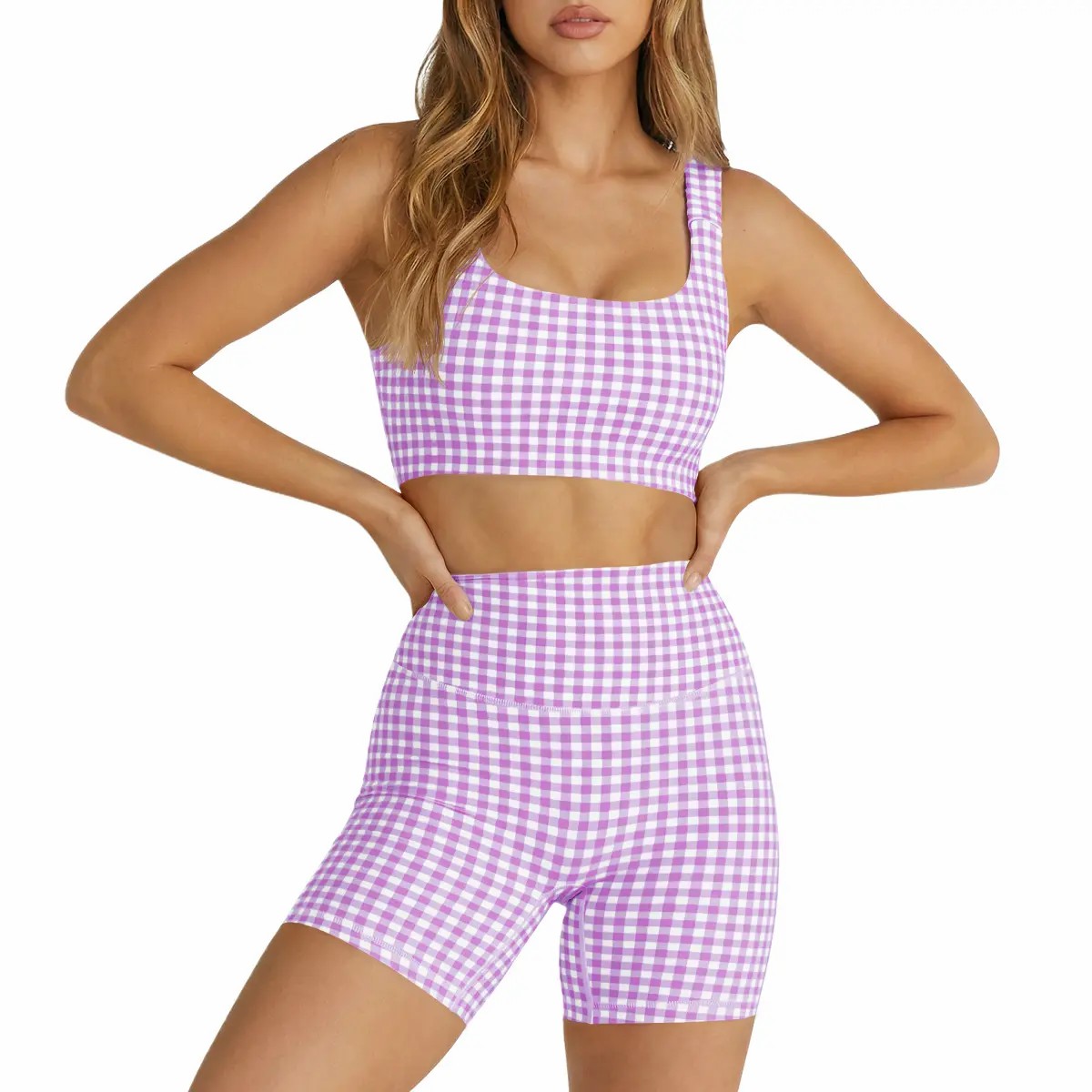 Women's 2-Piece Athleisure Set – Padded Open Back Gingham Crop Tank & High Waisted Seamless Shorts
