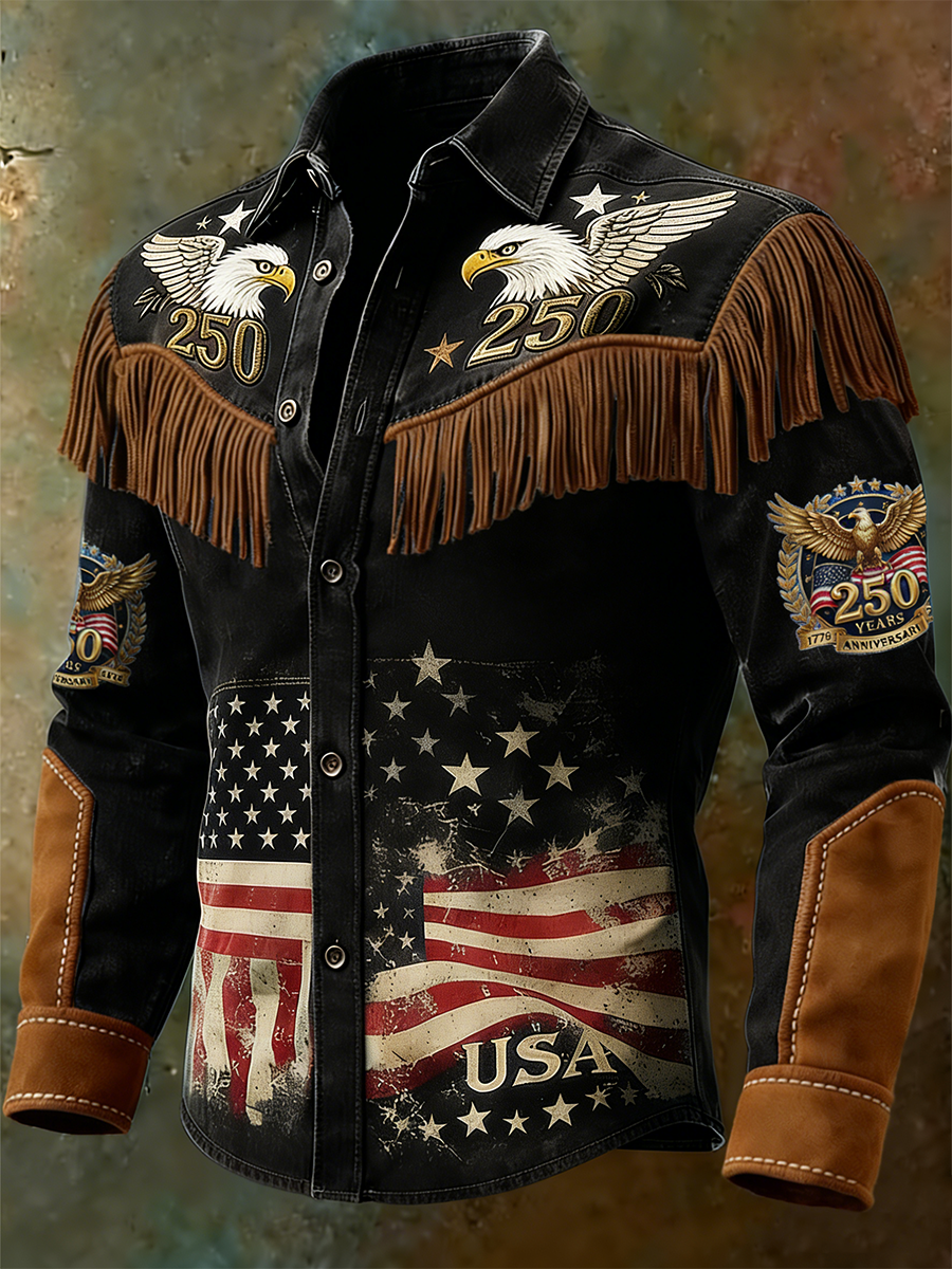 Men's Patriot 250th Anniversary Commemorative White Eagle Art Printed Tassel Western Shirt