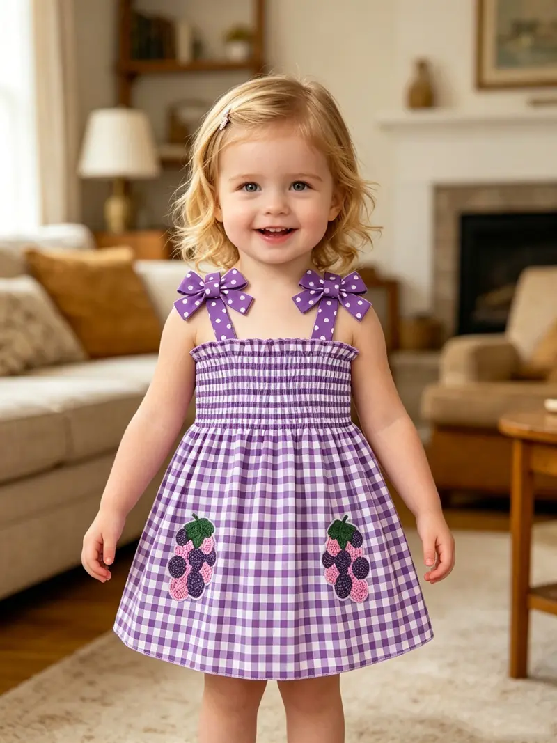 🌞 Cute & Sweet Summer Set for Girls! Plaid & Fruit Prints, Bow Shoulder Straps, 4-Piece Versatile Kids' Outfit for Summer Fun! 👗🍉