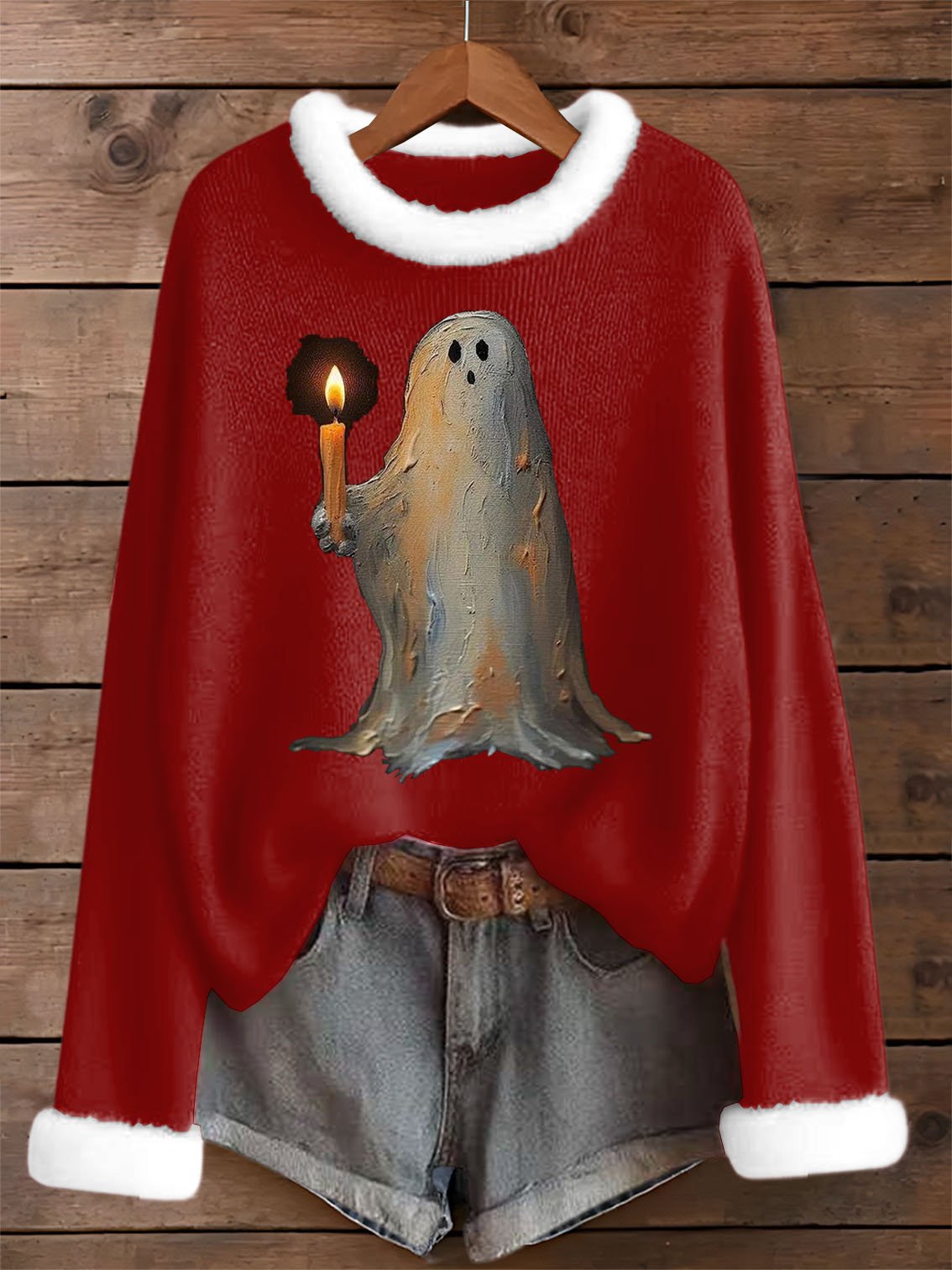 🔥HOT SALE🔥Women's Vintage Halloween Ghost Fur Collar Print Sweater