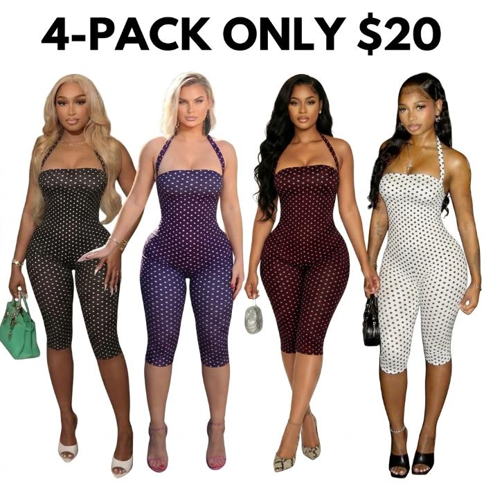 Women's Polka Dot Sleeveless Halter Bodycon Fit Long Pants, Elegant Retro Chic Style