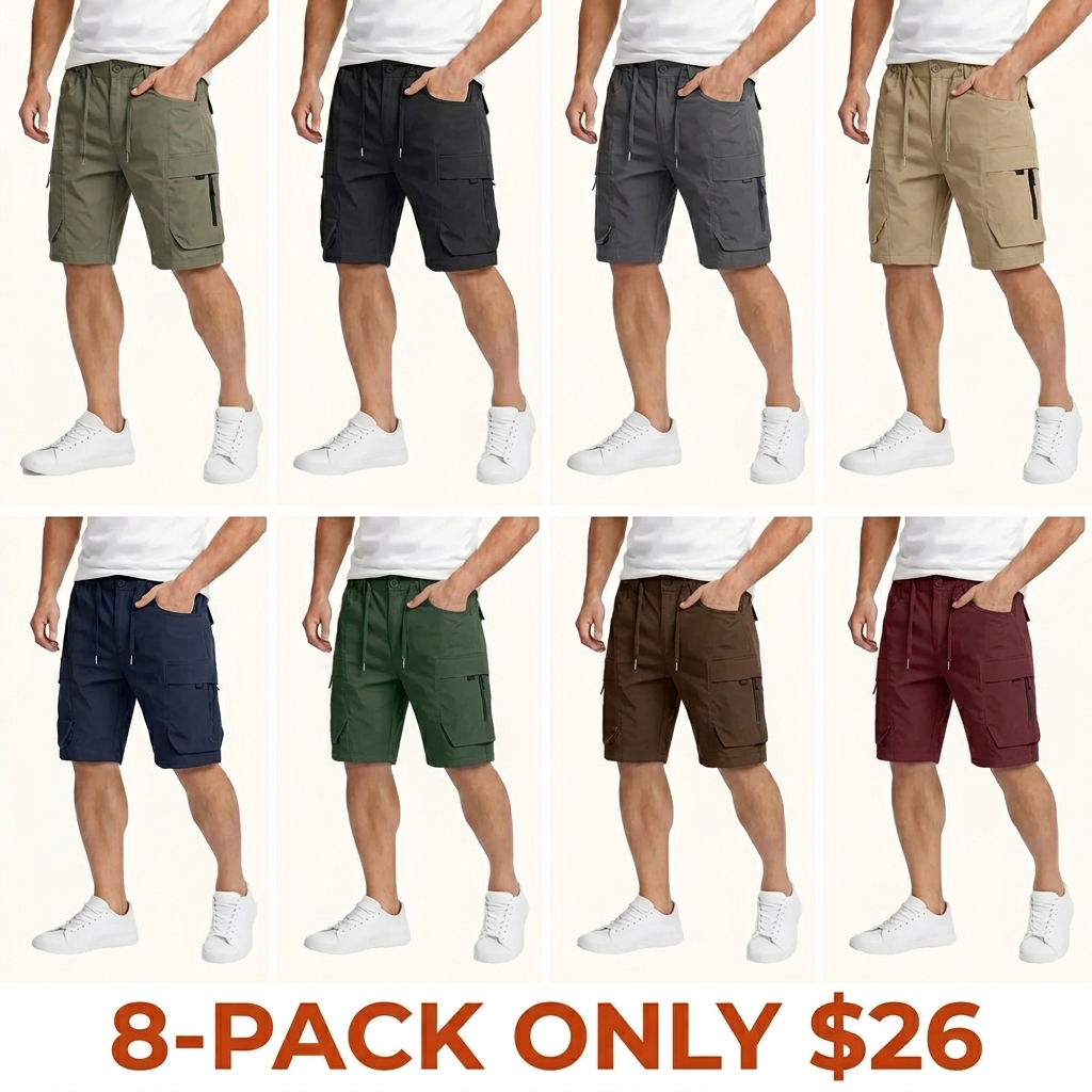 Men's casual cargo shorts featuring zippered pockets and a button fly.