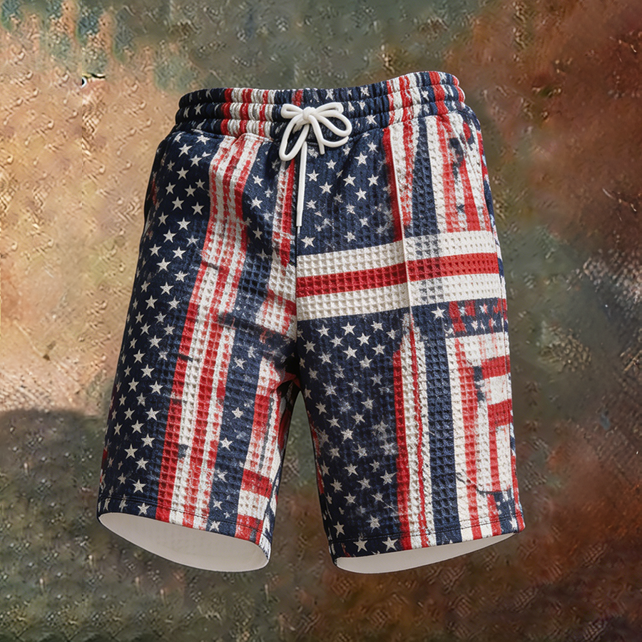 Men's Distressed American Flag Waffle Knit Drawstring Casual Shorts