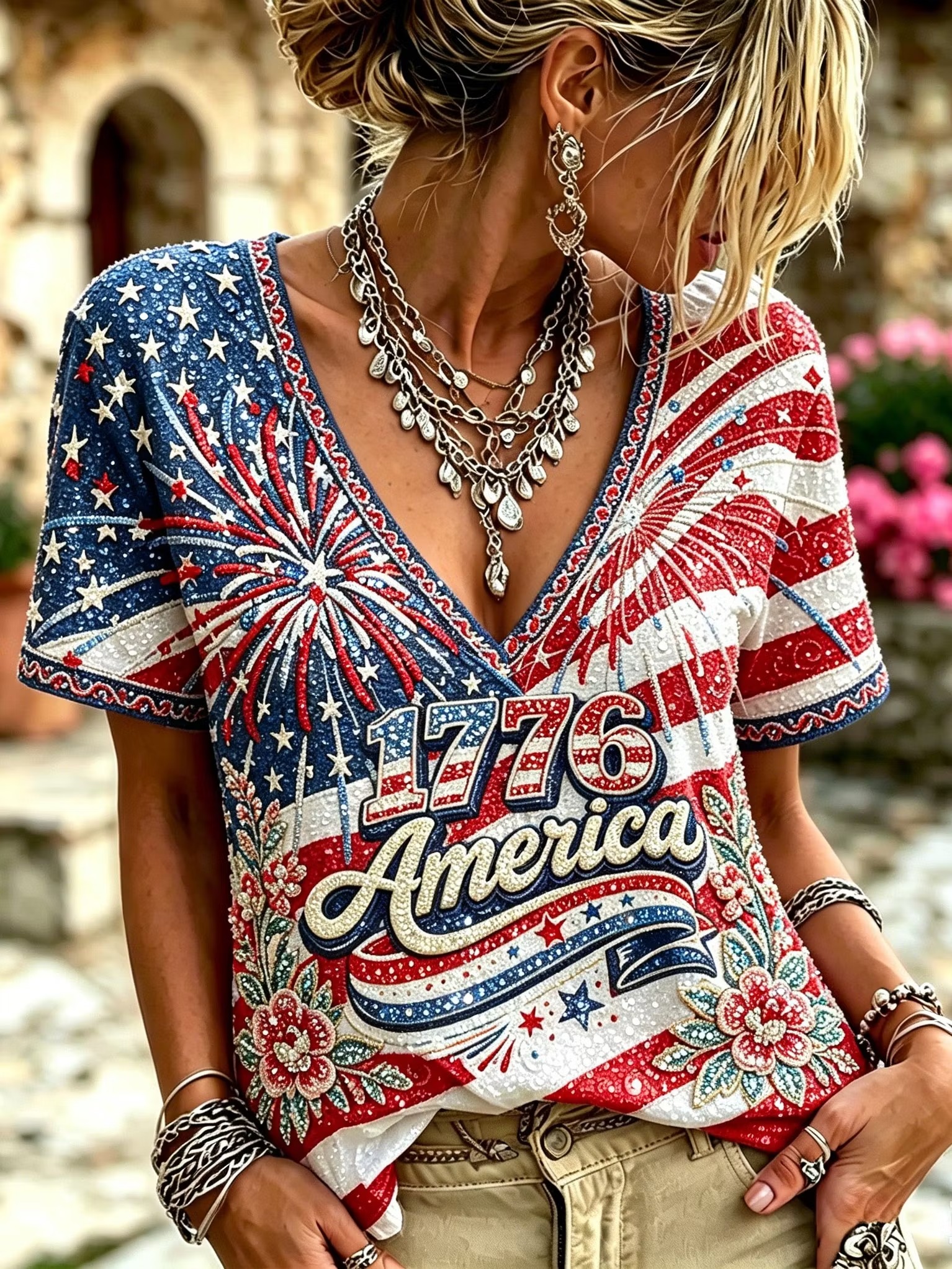Women's Vintage American Flag, Floral, And Firework Print Sequined V-neck Top