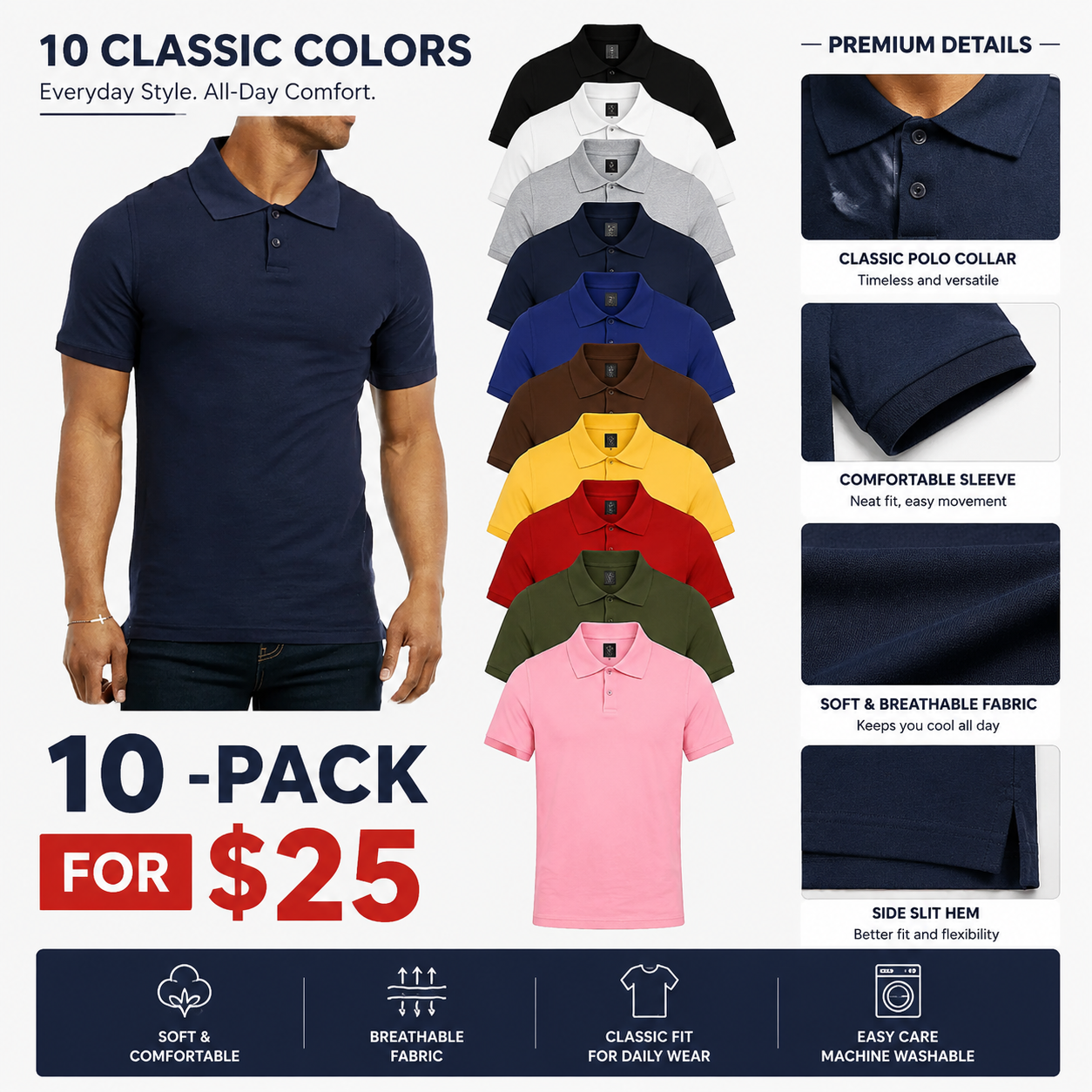 Men’s Classic Cotton Polo Shirt – Half Button Casual Golf & Everyday Essential (XS–5XL)