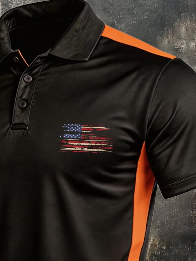 Men's Retro Patriotic Color-Block Short-Sleeve Polo Shirt