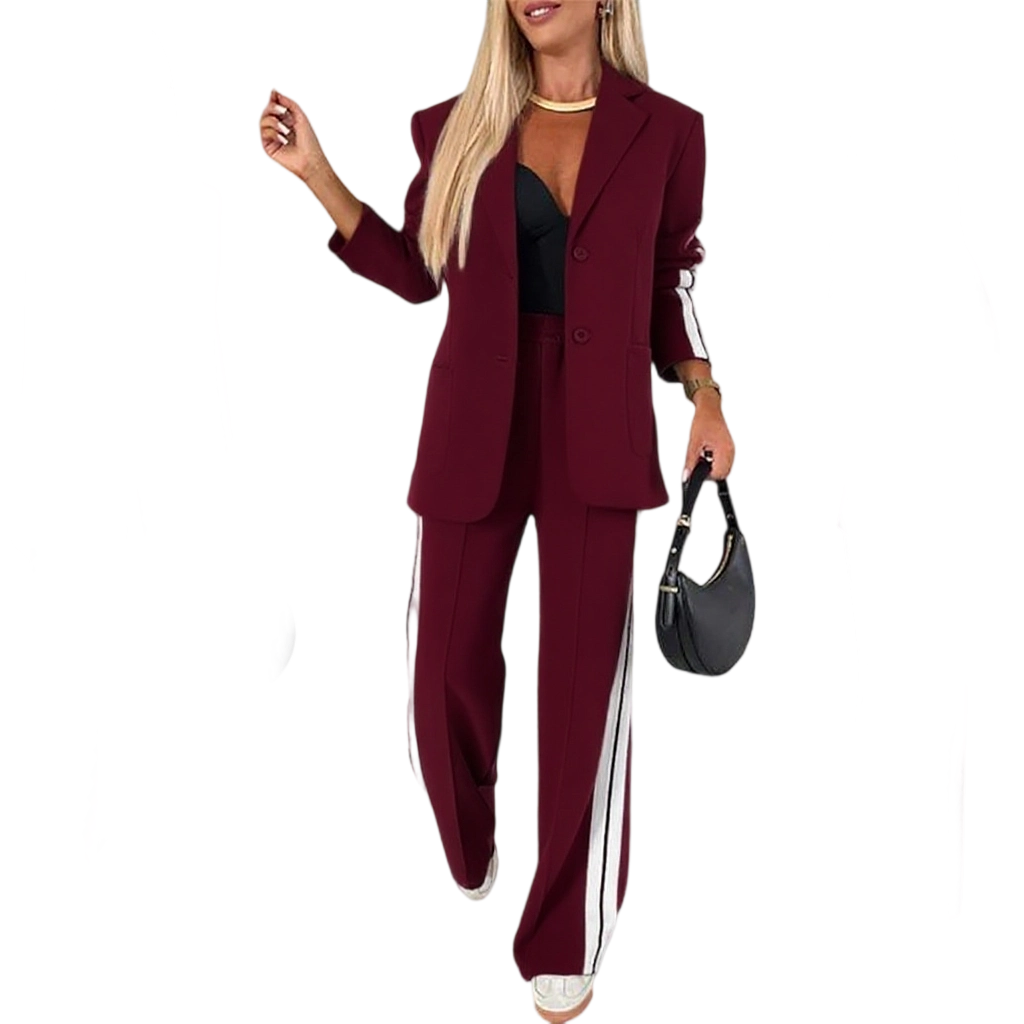 Women's Striped Side Tape Blazer & Wide-Leg Pants Set