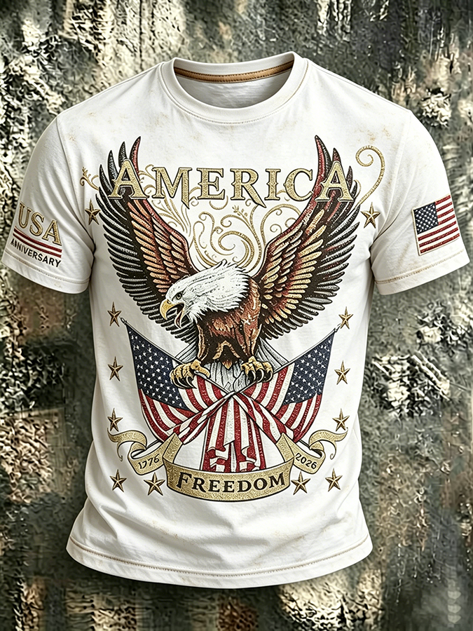 250Th Anniversary Eagle Printed Washed Round Neck T-Shirt From The United States