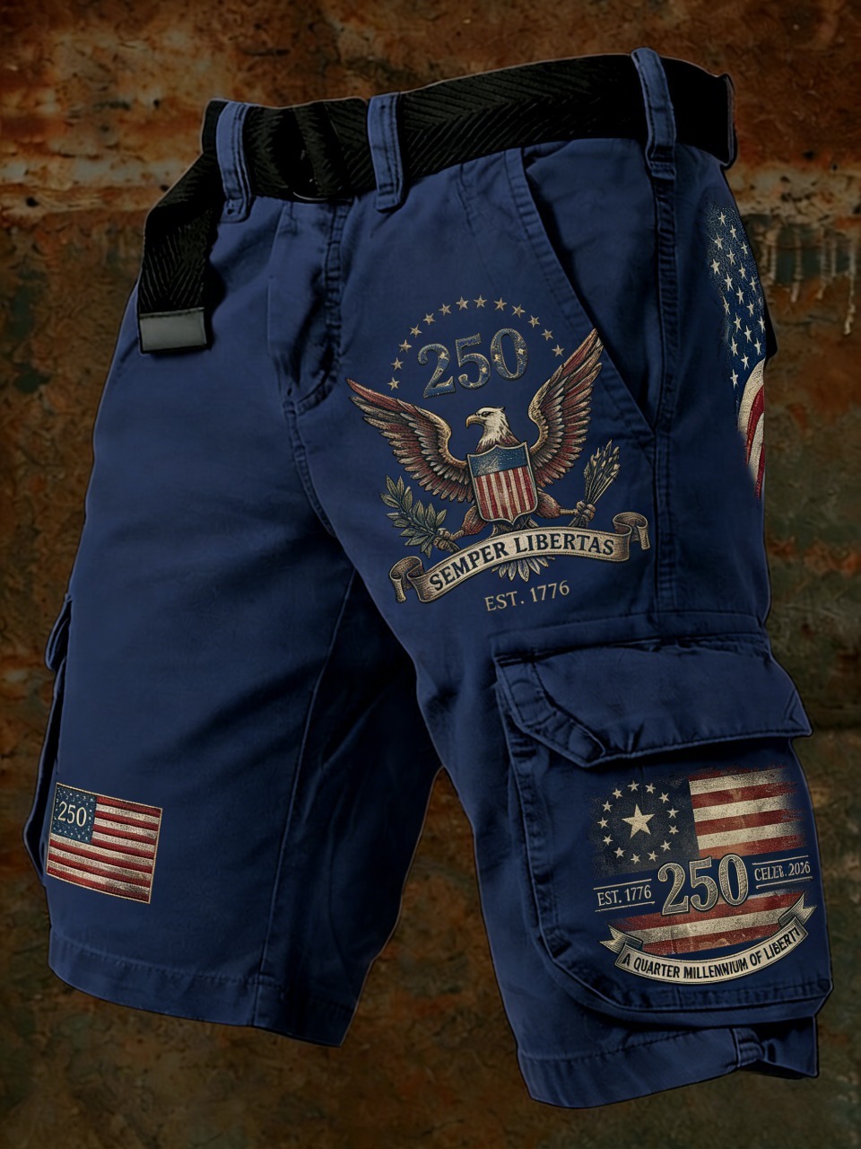 Men's Anniversary American Flag Eagle Print Denim-Like Cargo Shorts
