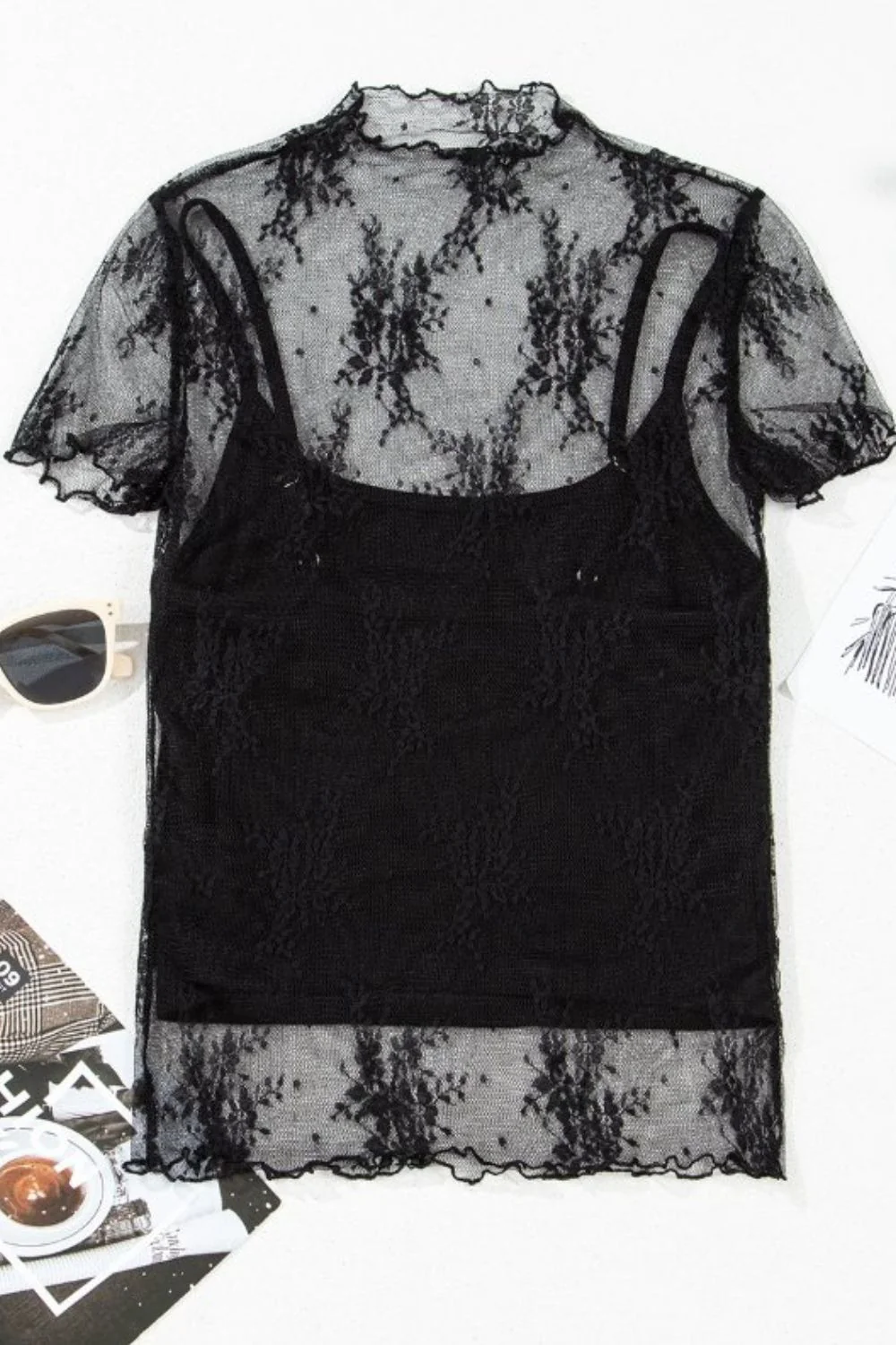 Lacey Floral Sheer Mesh Short Sleeve Top and Cami Set