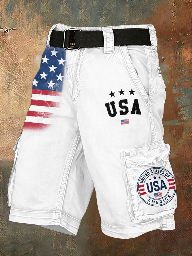 Men'S Retro American Flag Independence Day Multi Pocket Printed Workwear Shorts (Without Waistband)