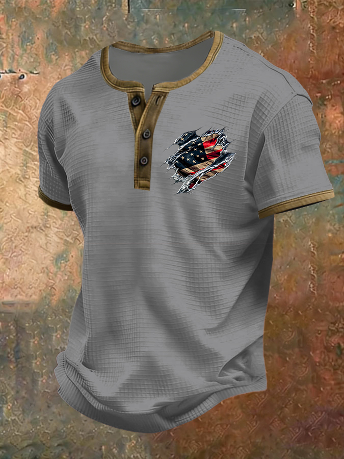 Men'S American Flag Printed Henry Collar Top