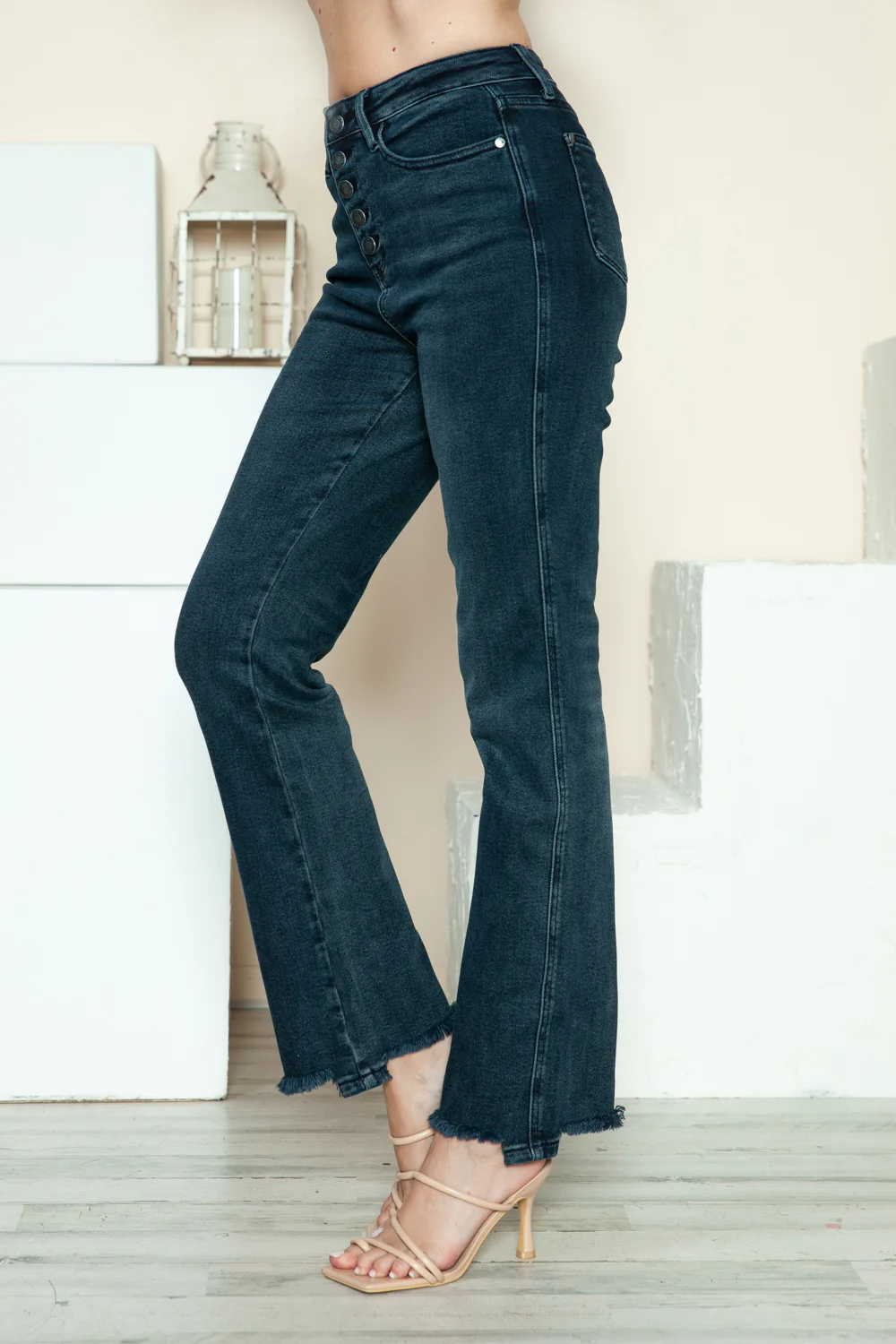 Blue Full Size Button Fly Hem Destroy Straight Jeans