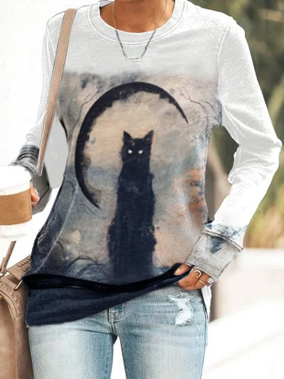 Halloween Vintage Cat Print Sweatshirt