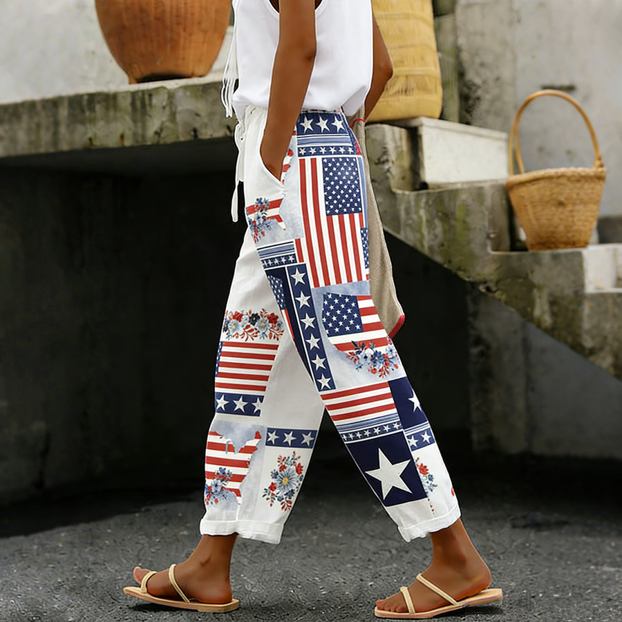 Women's Cotton Linen Patriotic Print Casual Cropped Trousers