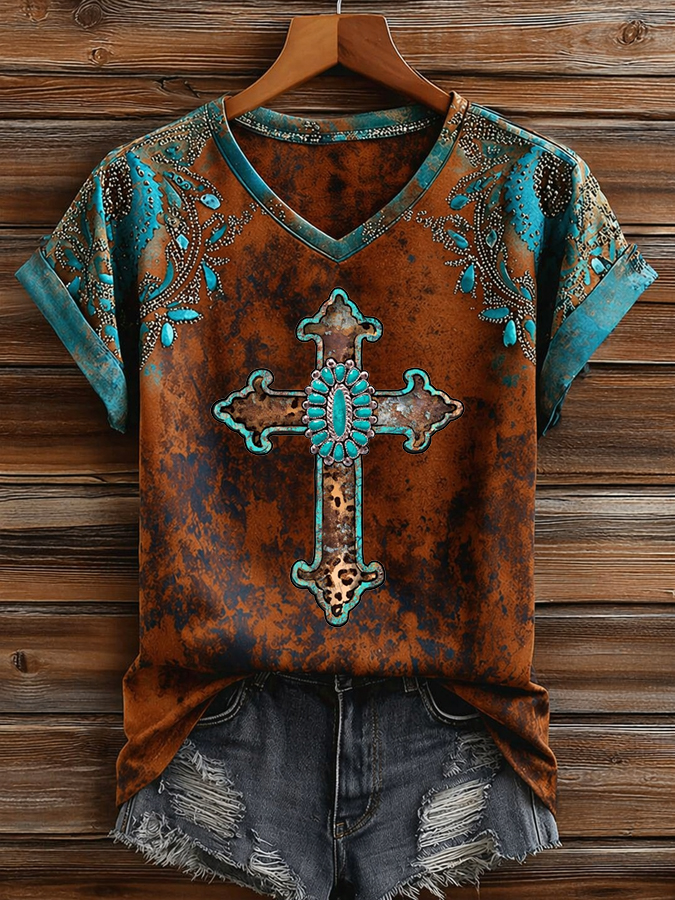 Vintage Western Cross Art Print Casual Short Sleeve T-shirt