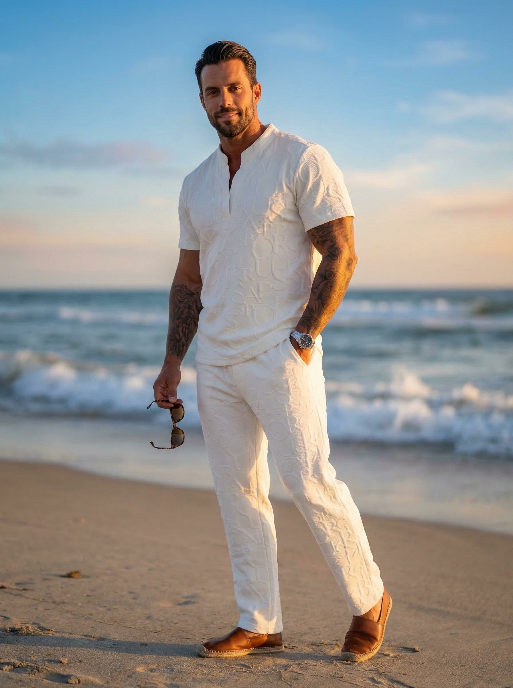 Men's Textured Letter Embossed Tee & Drawstring Waist Pants
