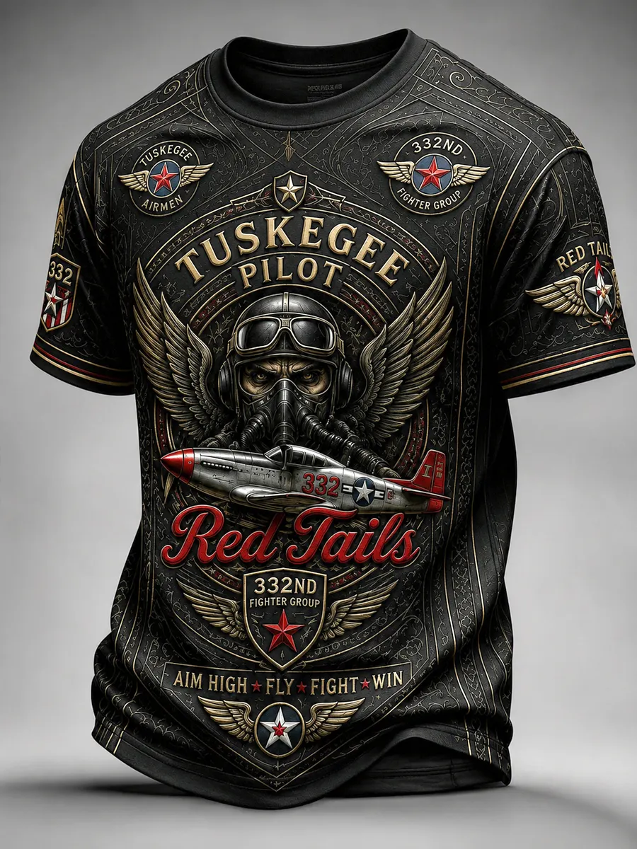 Men's Retro Tuskegee Pilot Red Tail Print  Casual T-Shirt