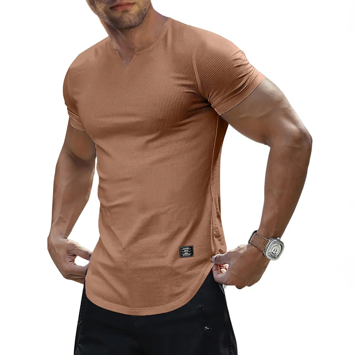 Men's Solid-Color Slim-Fit Long V-Neck T-Shirt