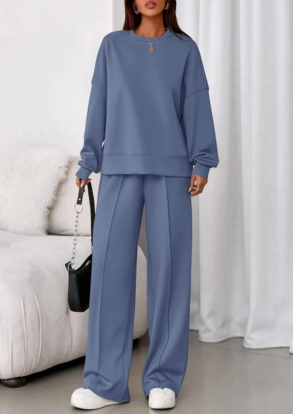2 Piece Sets For Women Fall Trendy Long Sleeve Sweatshirt Wide Leg Pants Loungewear