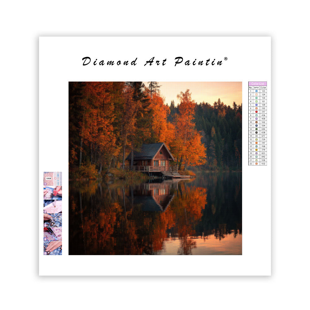 Cabin by the Autumn Lake - Diamond Painting