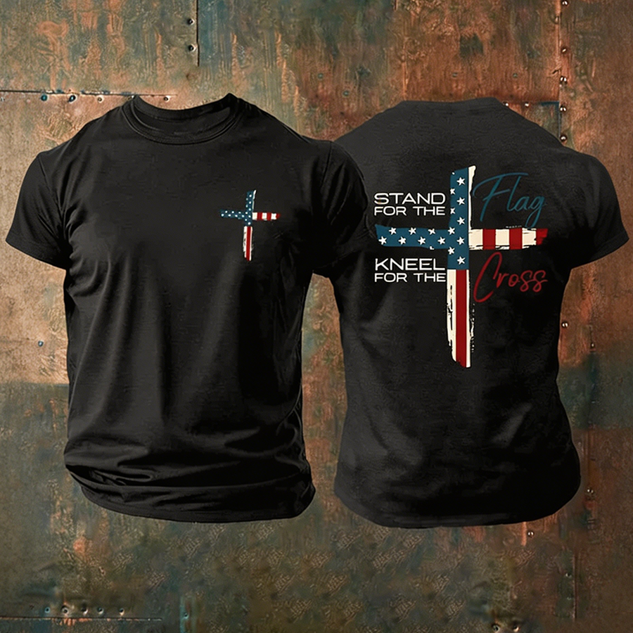 Men's Stand For The Flag Kneel For The Cross Printed Casual T-Shirt