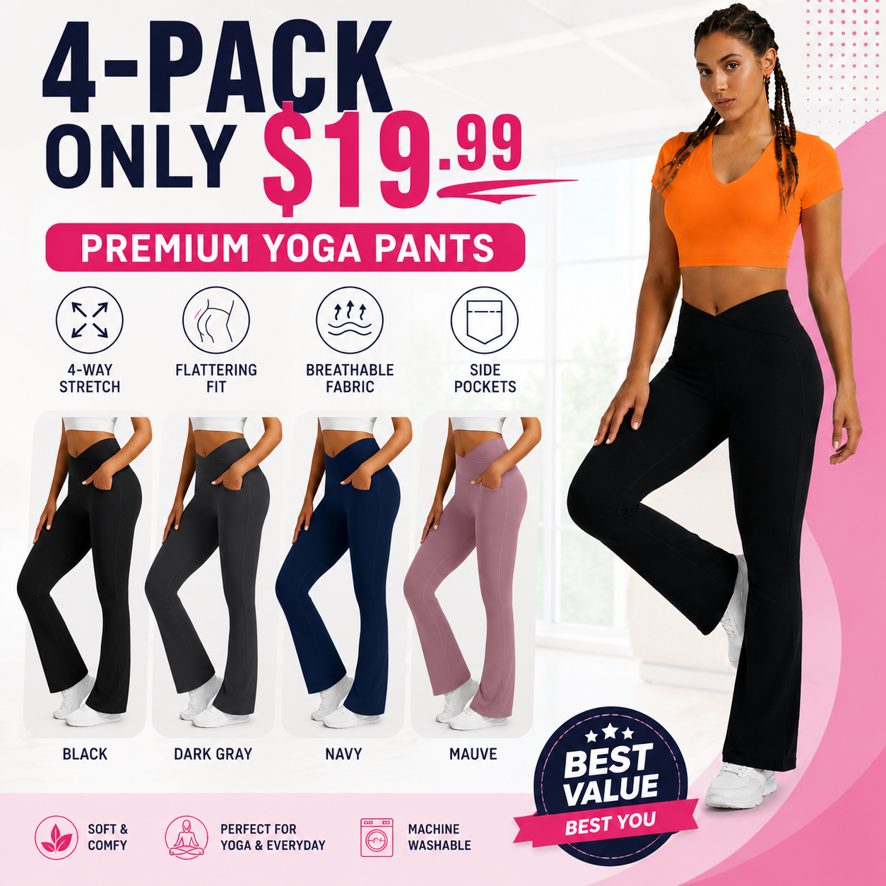 Women's Solid-Color Wide-Leg Yoga Pants — Tummy Control & Butt-Lifting