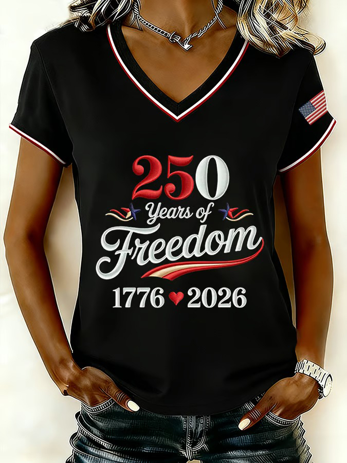 Women's Retro American 250th Anniversary Printed V-neck T-shirt