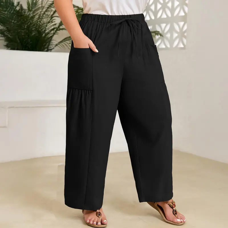Women's Plus-Size Wide-Leg Pants — Pure Cotton Loungewear with Pockets