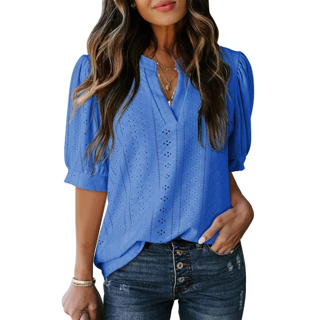 Women's Summer Business Casual Blouses V Neck Short Sleeve Shirts Hollow Out Cute Lace Tops Loose Fit Breathable Fabric